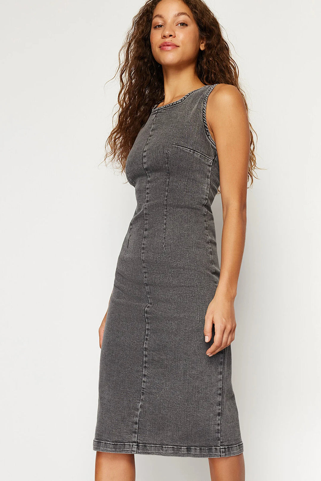 Anthracite Fitted Maxi Denim Dress