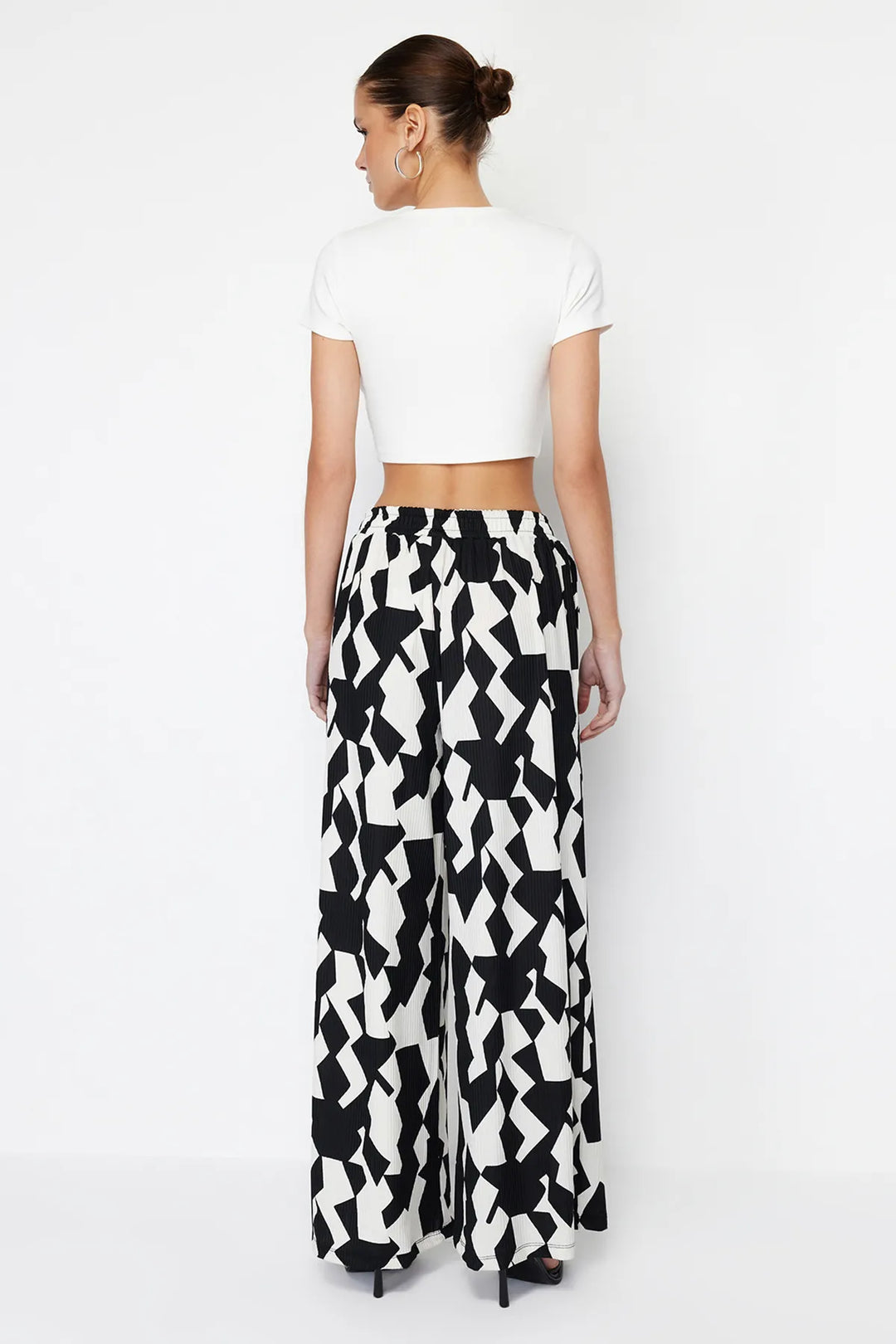 Geometric Patterned Wide Leg Ribbed Stretch Trousers