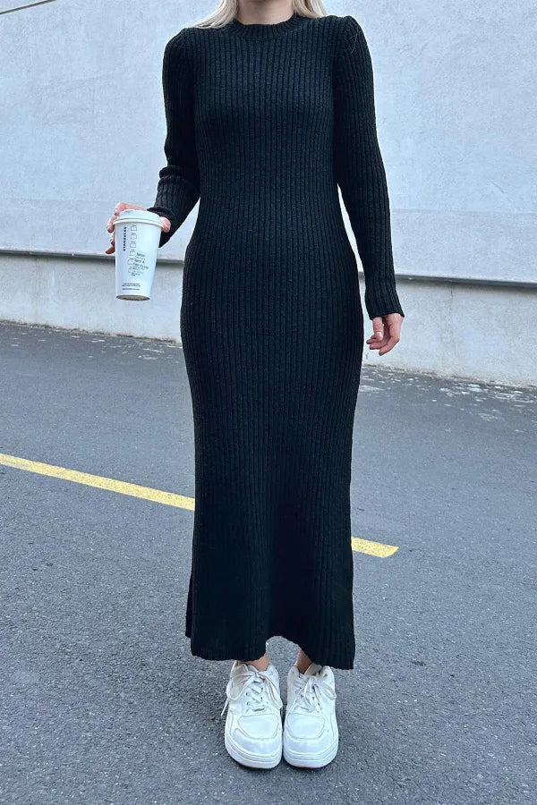 Black Bria Biker Neck Women's Chunky Knit Midi Dress