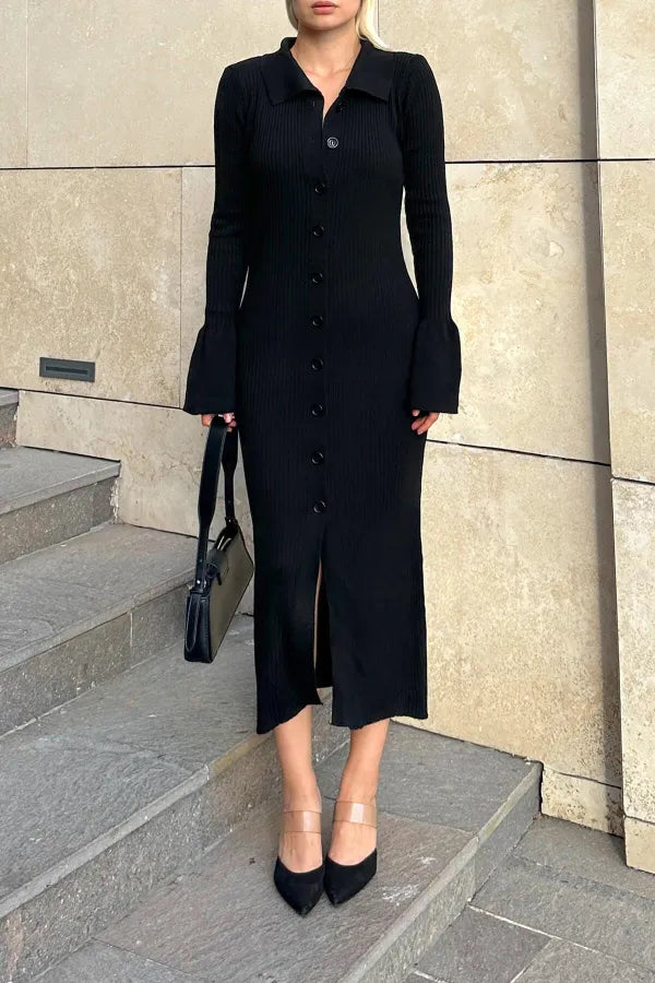 Black Polo Neck Buttoned Sleeve Detail Women's Midi Knit Dress