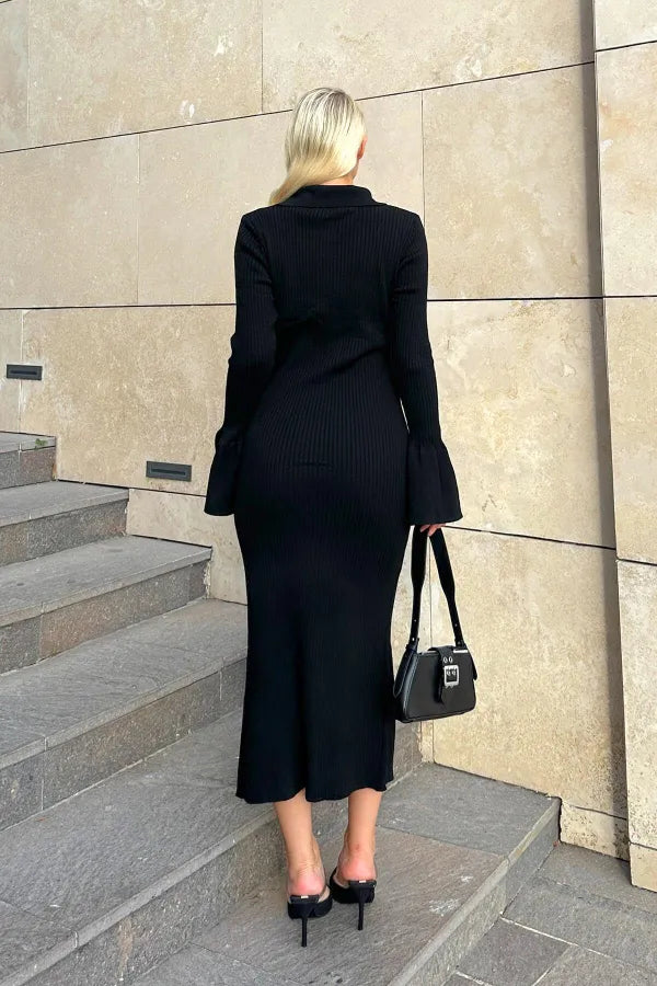 Black Polo Neck Buttoned Sleeve Detail Women's Midi Knit Dress