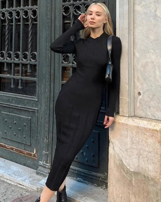Black Distressed Detail Ribbed Knit Women's Midi Sweater Dress