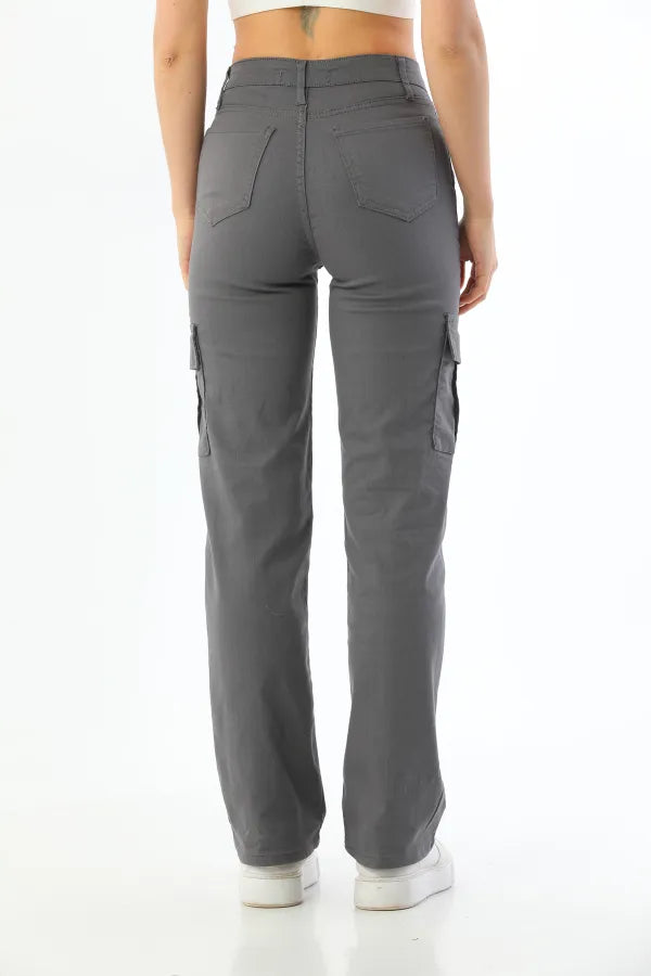 Gray Cargo Pocketed Stretch High-Waisted Wide Leg Pants