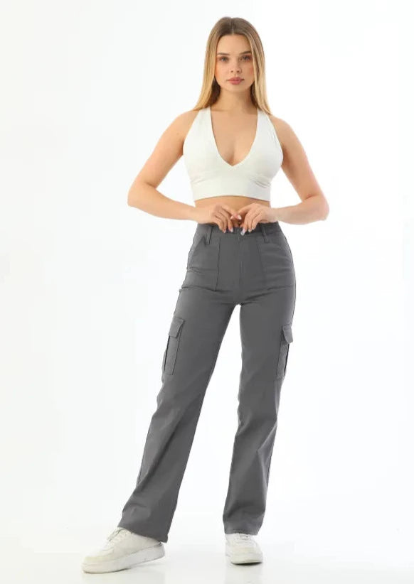 Gray Cargo Pocketed Stretch High-Waisted Wide Leg Pants