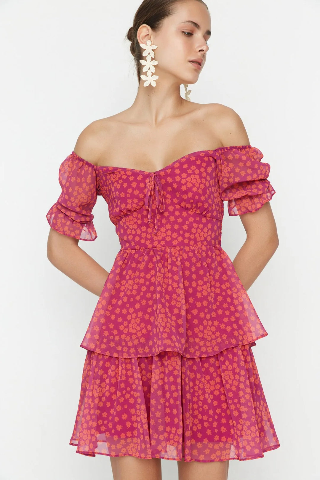 Floral Patterned Chiffon Woven Dress with Flounce Skirt