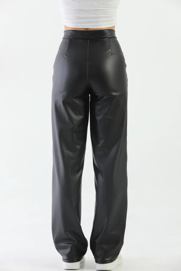 Black Leather High-Waisted Wide-Leg Pants with Lining