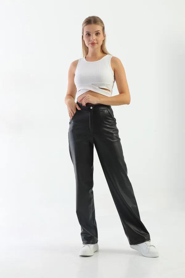 Black Leather High-Waisted Wide-Leg Pants with Lining 