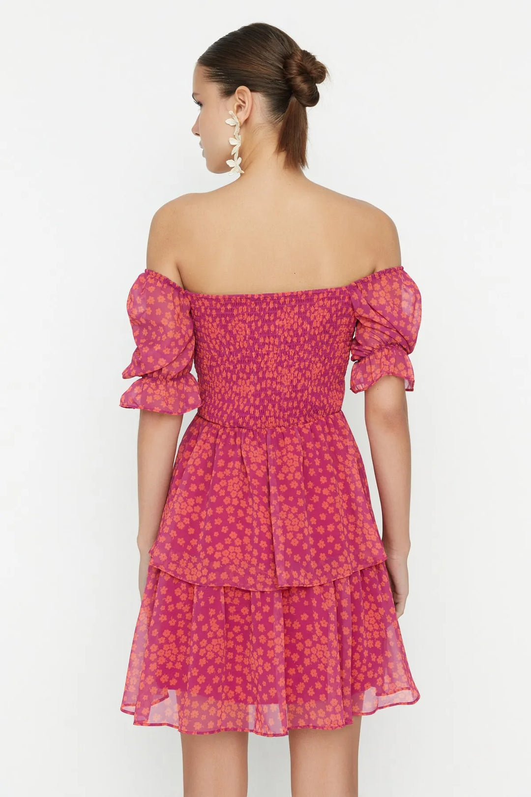 Floral Patterned Chiffon Woven Dress with Flounce Skirt
