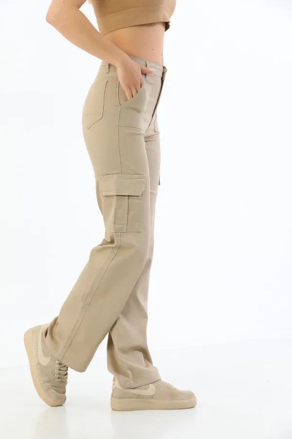 Beige Cargo Pocketed Stretch High-Waisted Wide Leg Pants