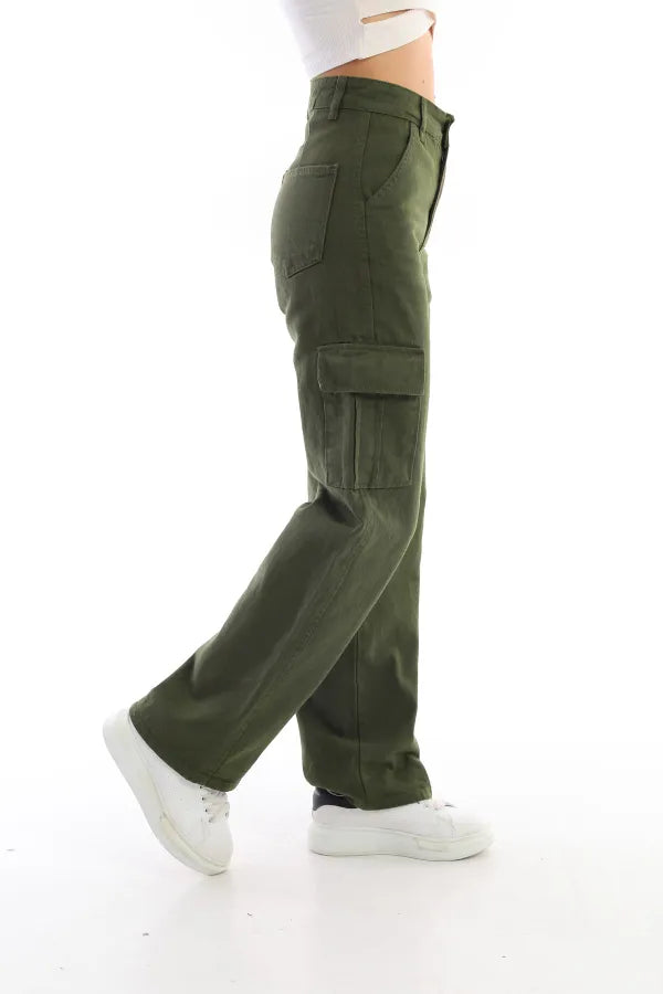 Khaki Cargo Pocketed Stretch High-Waisted Wide Leg Pants
