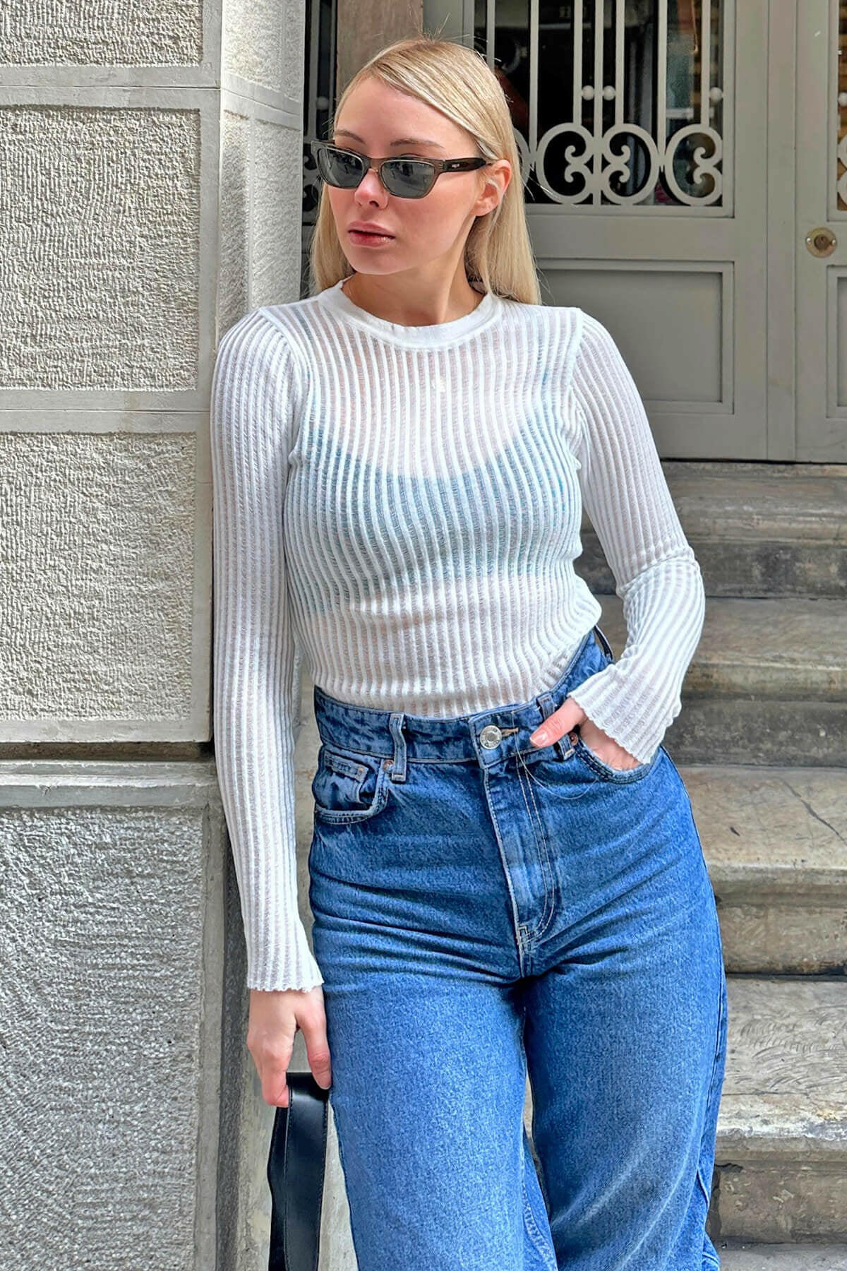 Ribbed Transparent Knitted Knit Blouse