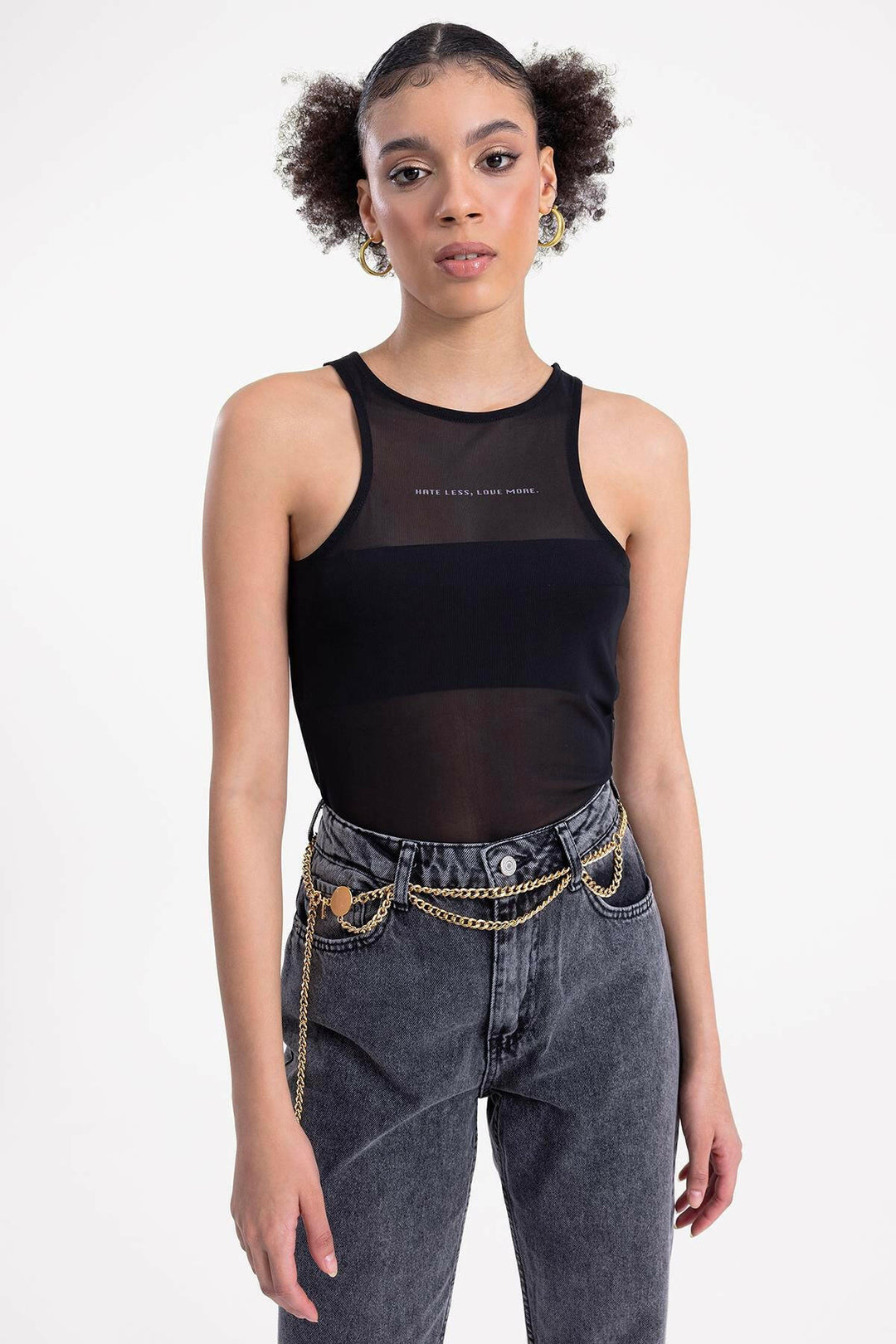 Black Halter Neck Printed Tulle Bodysuit