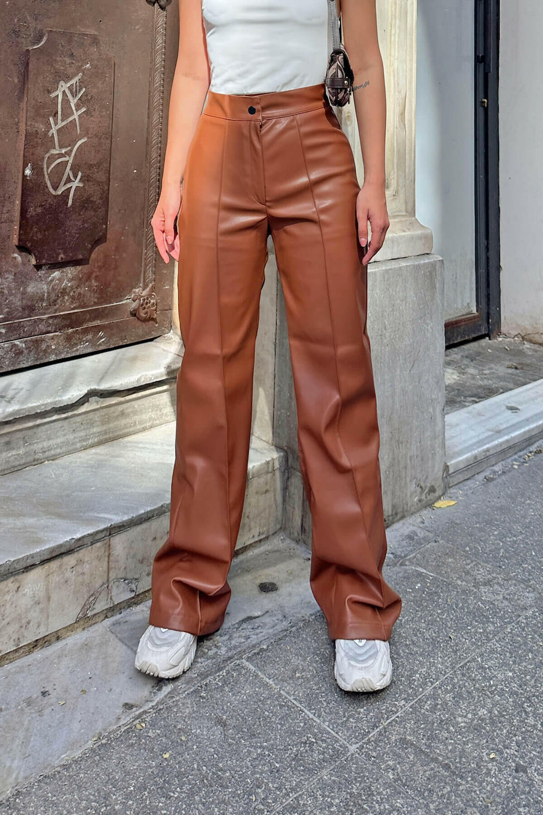 Brown High Waist Wide Leg Women's Faux Leather Trousers