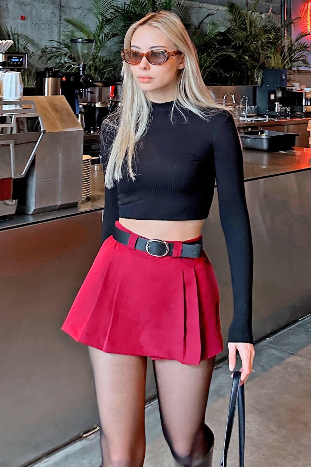 Belted Pleated Mini Short Skirt