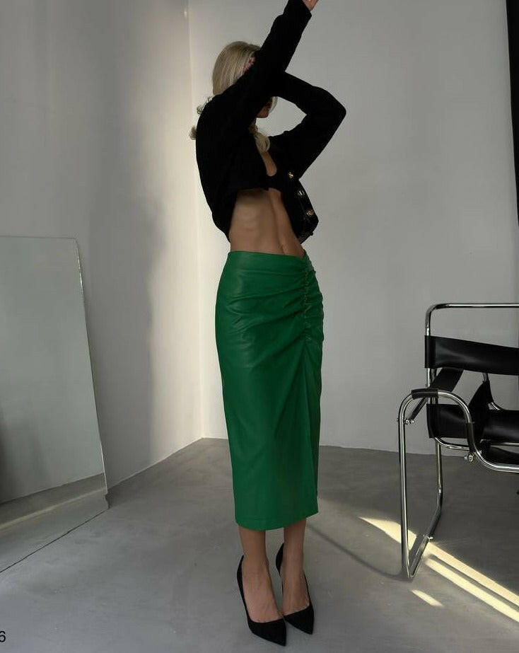 Shirred Midi Pencil Leather Skirt BF9596 Green