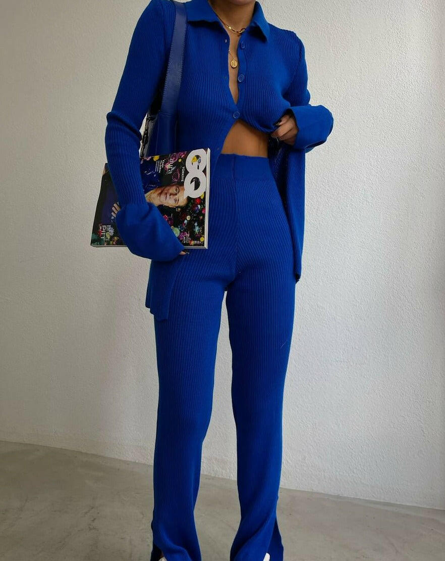 Polo Collar Cuffed Sleeve Blouse and Pants Set in Saxe Blue