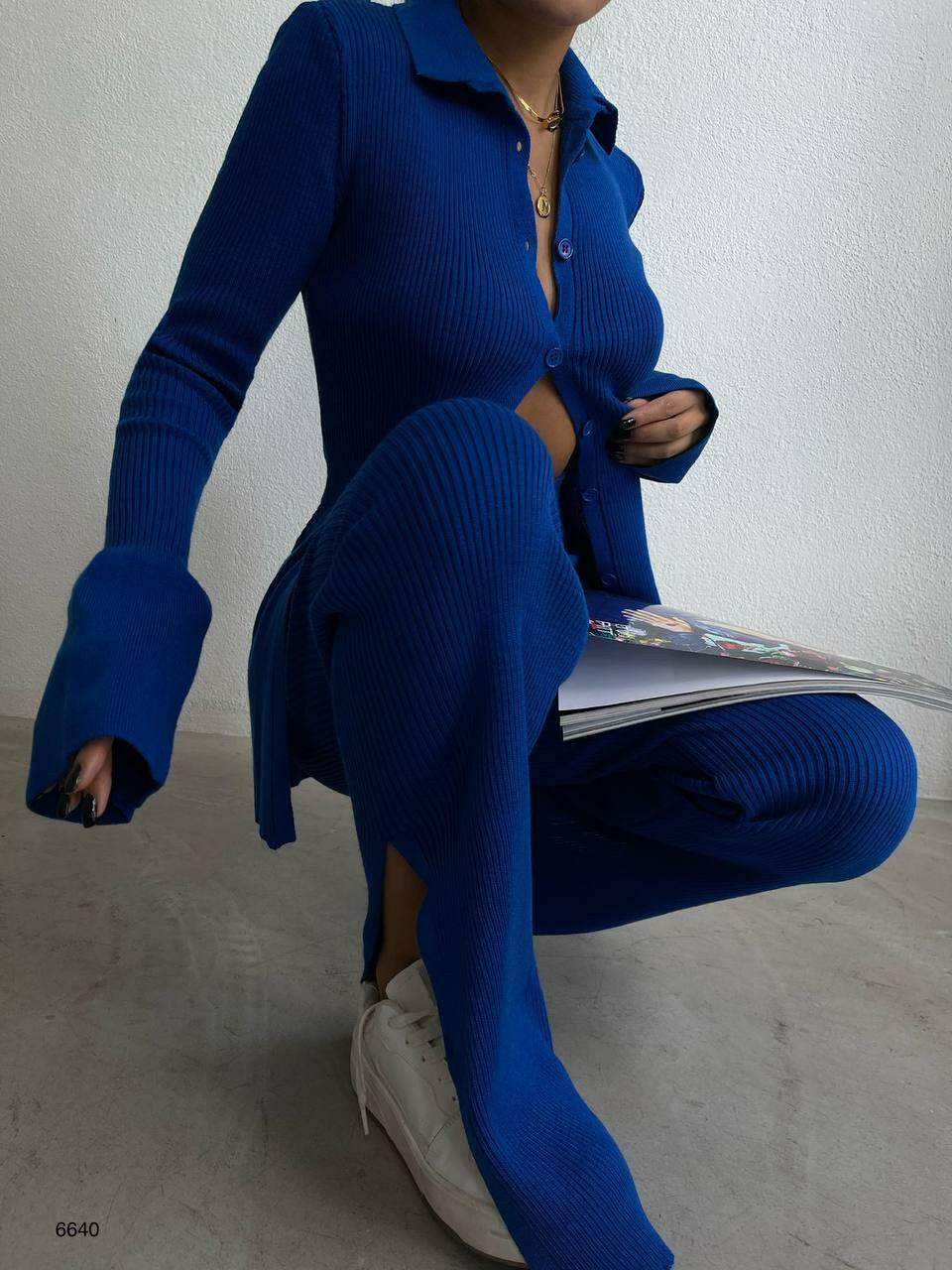 Polo Collar Cuffed Sleeve Blouse and Pants Set in Saxe Blue- Noxlook