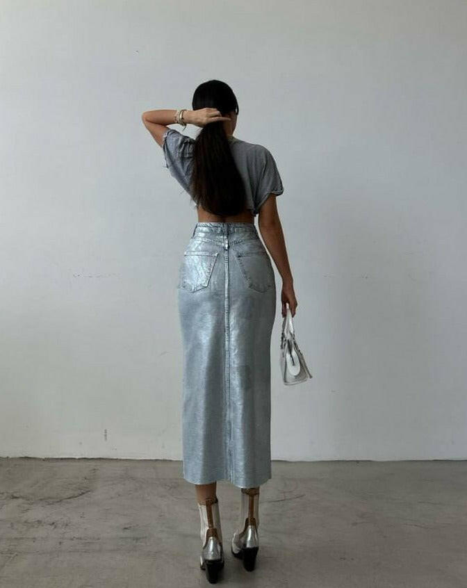 Metallic Silver Midi Skirt