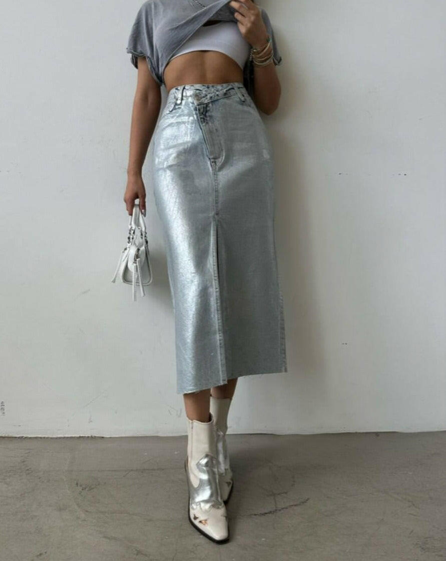 Metallic Silver Midi Skirt