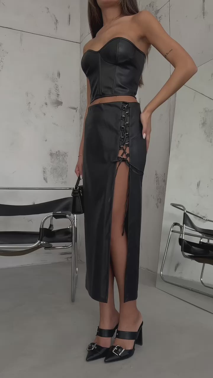 Tie Detail Midi Boy Leather Skirt - Black