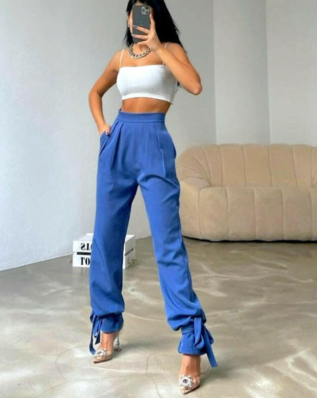 Ankle Tie High Waisted Trousers in Saxe Blue - Noxlook