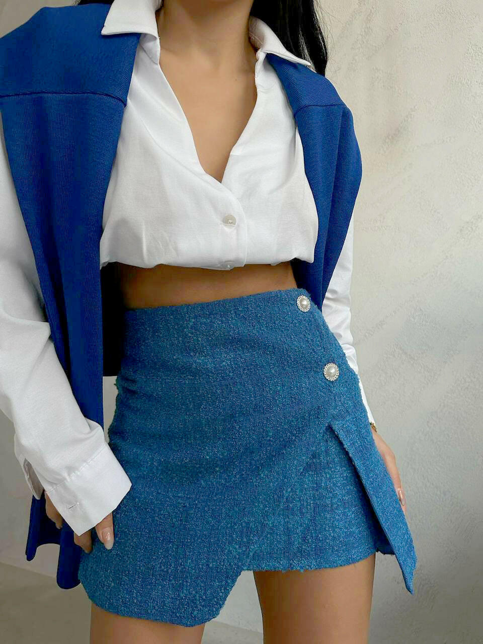 Side Button Mini Slit Skirt in Saxe Blue - Noxlook