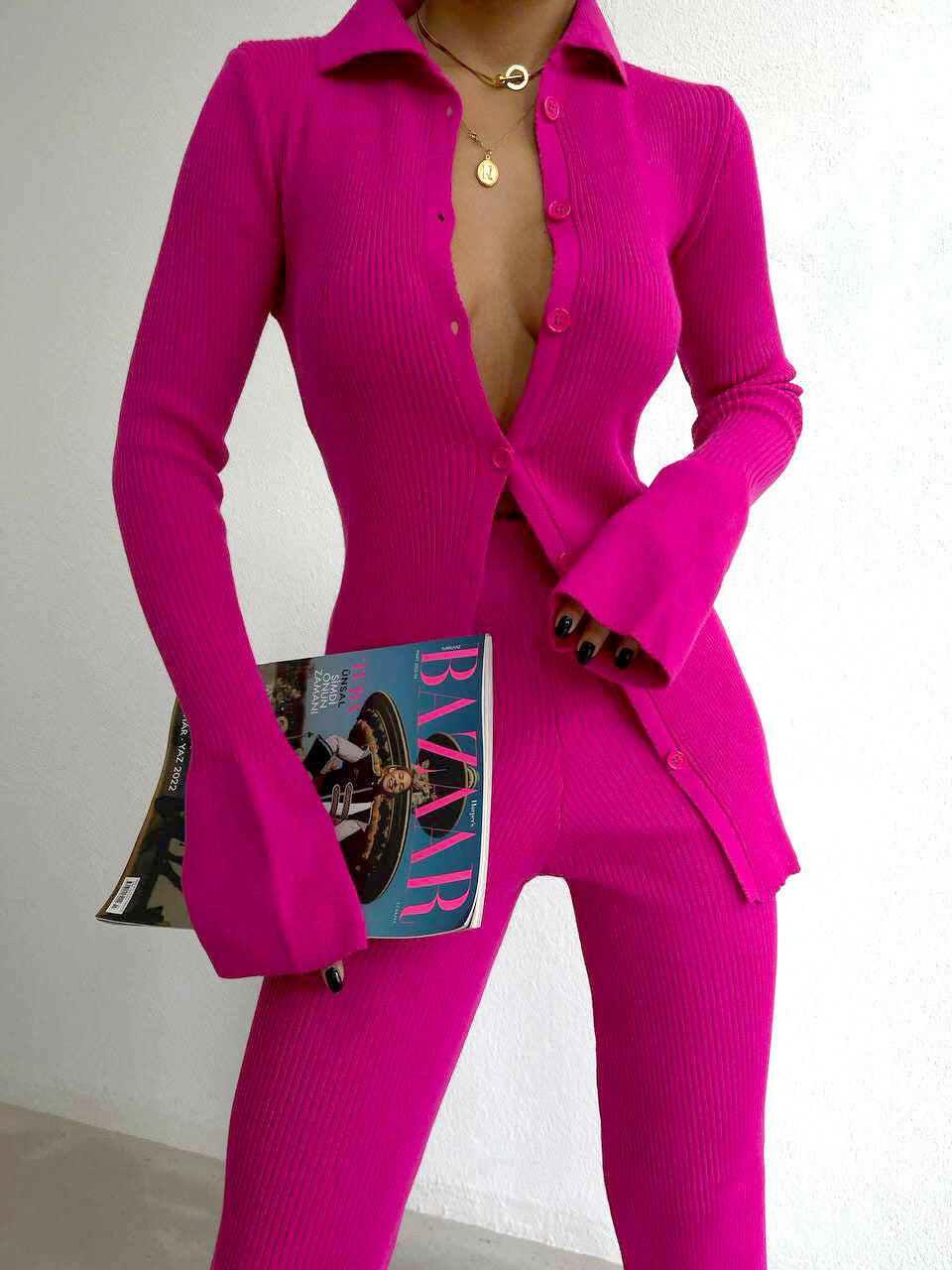 Polo Collar Cuffed Sleeve Blouse and Pants Set in Fuchsia - Noxlook