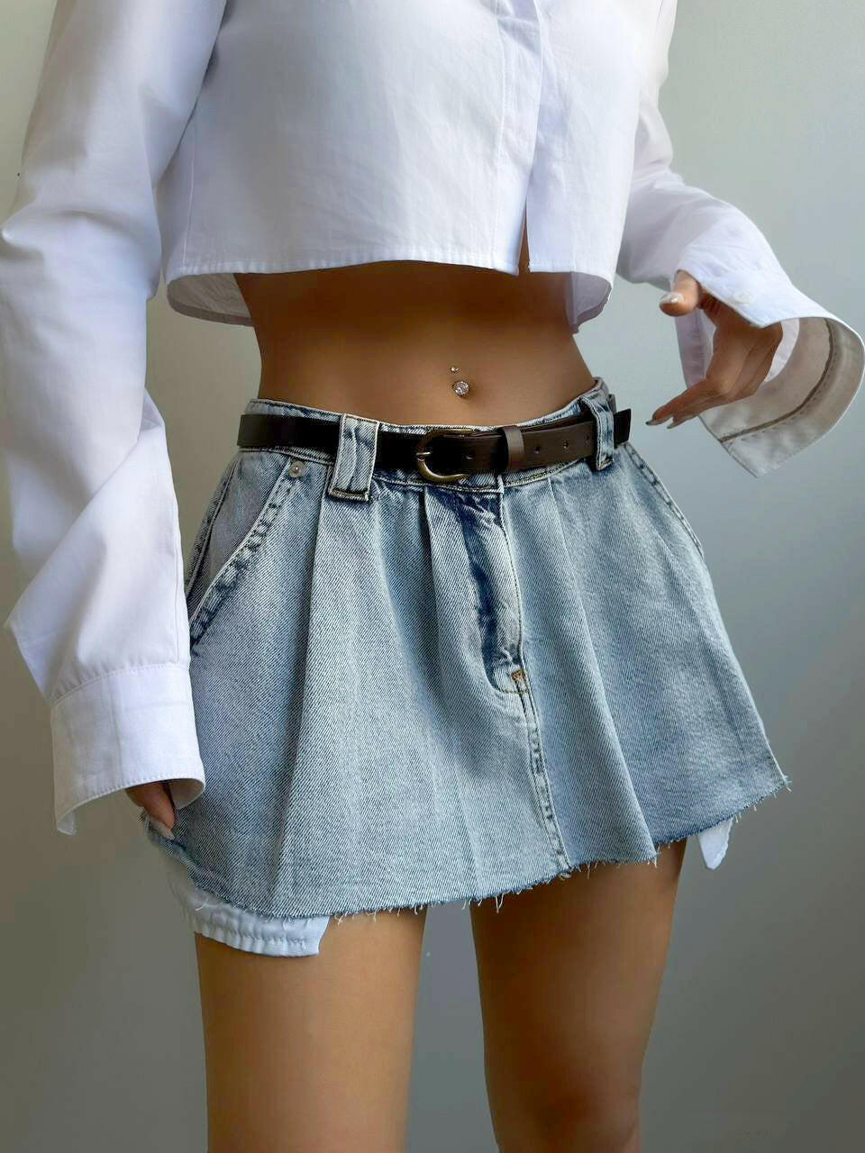 Mini Denim Pleated Skirt with Belt Detail Blue Color - Noxlook