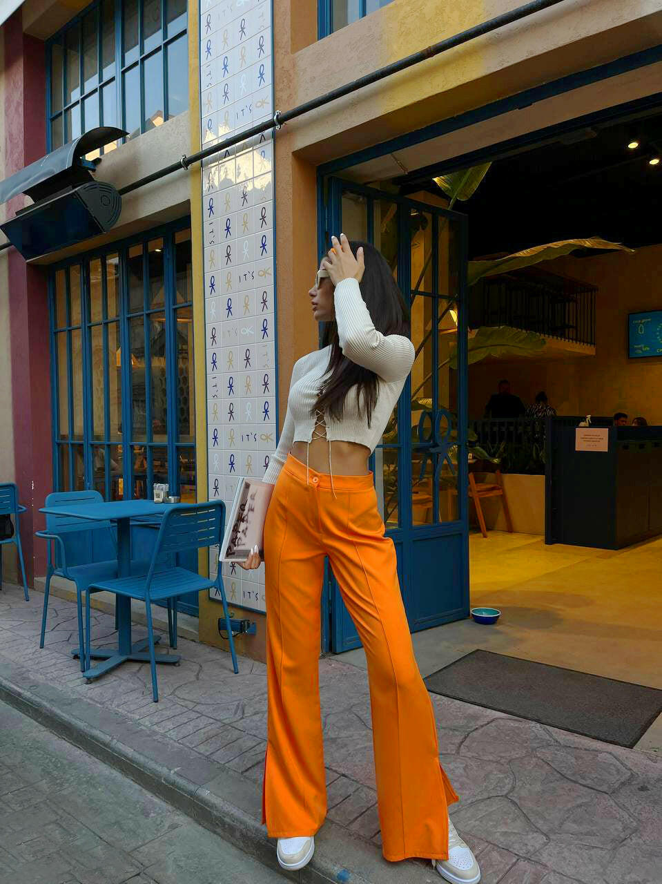 Flare-Leg Slit Pants in Orange - Noxlook