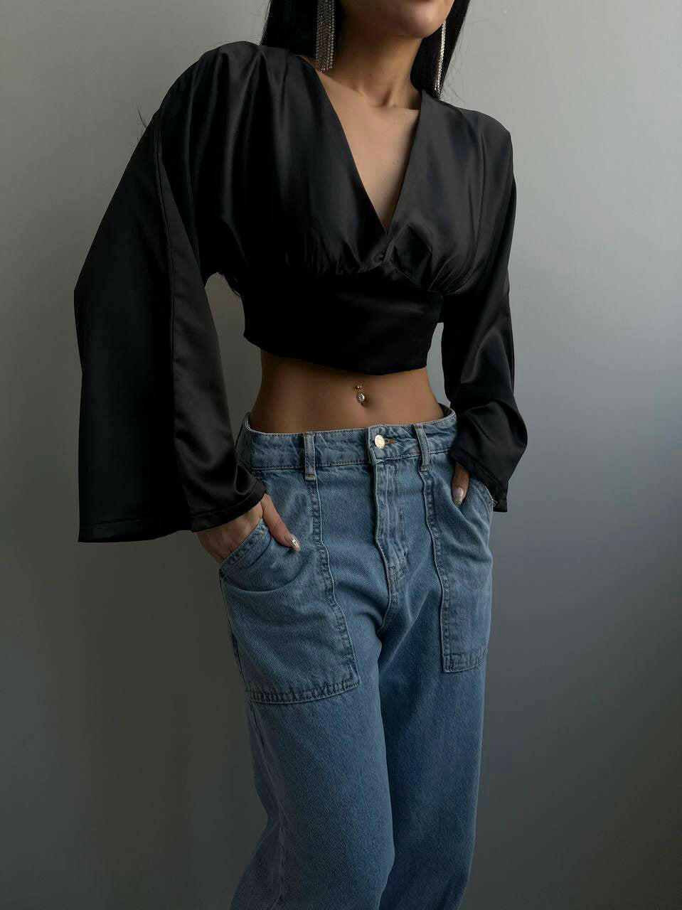 Batwing Sleeve Lace-Up Crop Blouse in Black - Noxlook