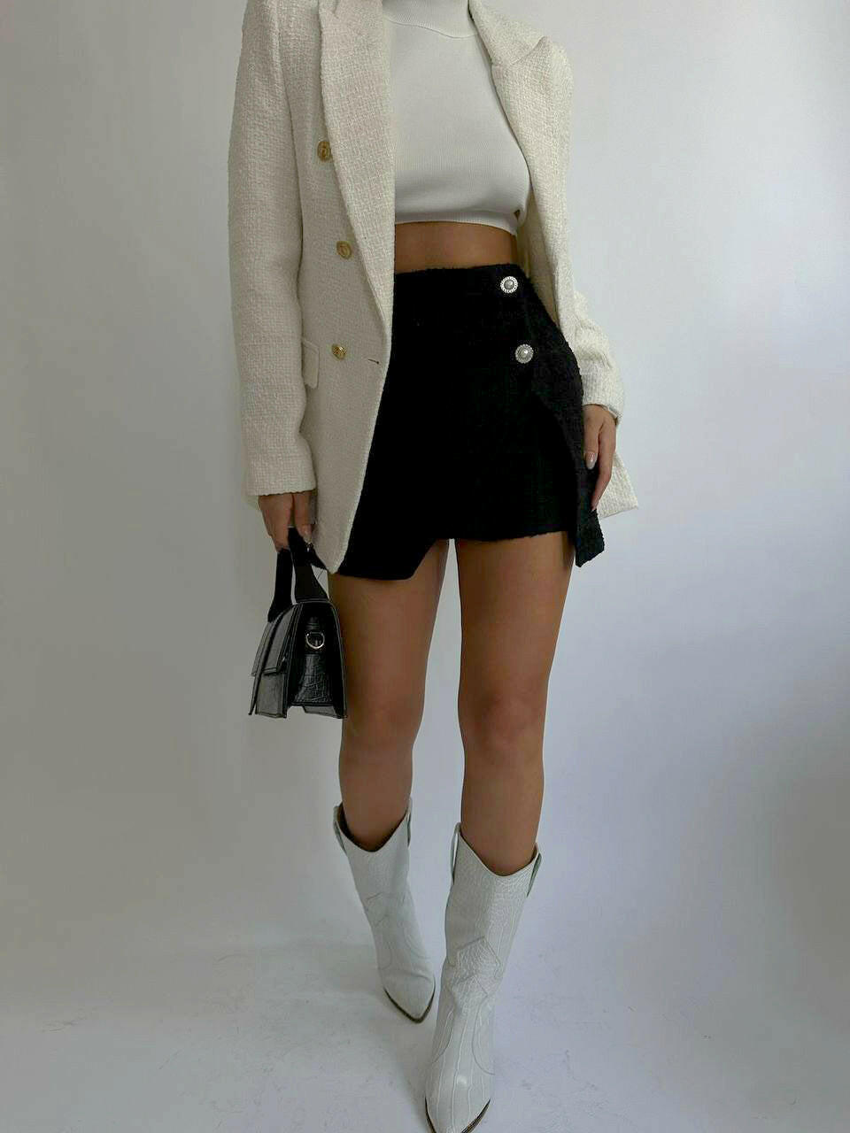 Side Button Mini Slit Skirt in Black - Noxlook