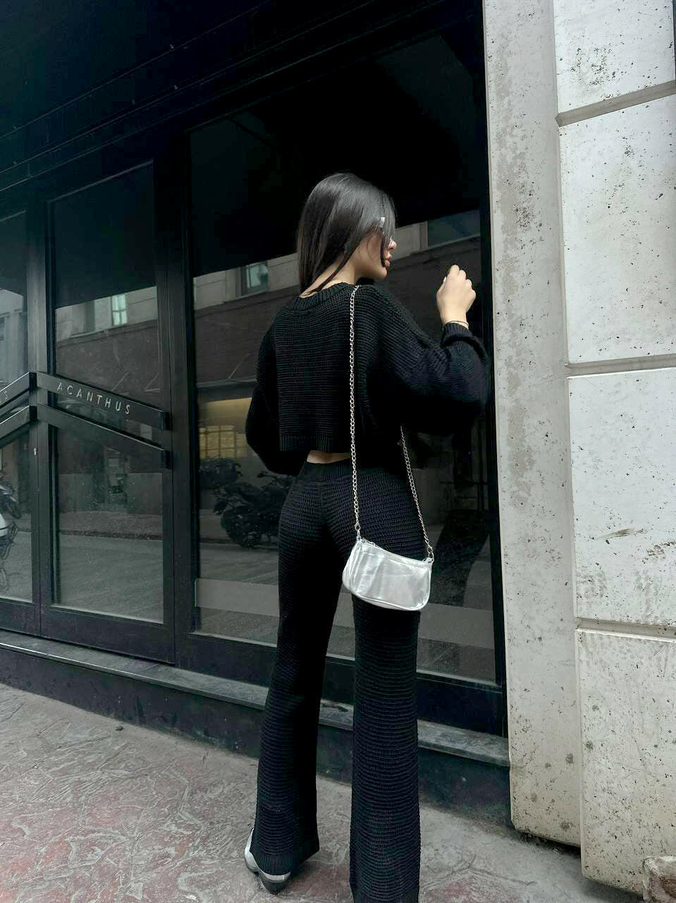 Oversized Knit Blouse and Pants Set in Black - Noxlook