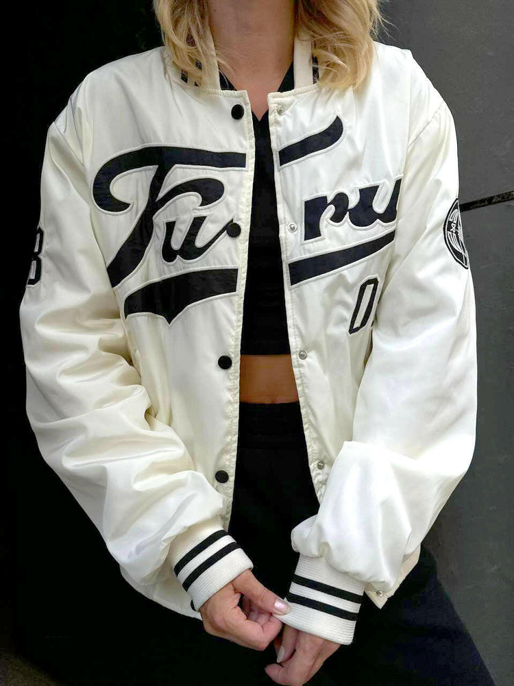 Oversized Embroidered College Jacket in White - Noxlook