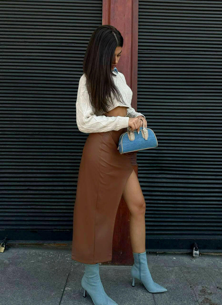 Slit Detail Leather Skirt in Brown - Noxlook