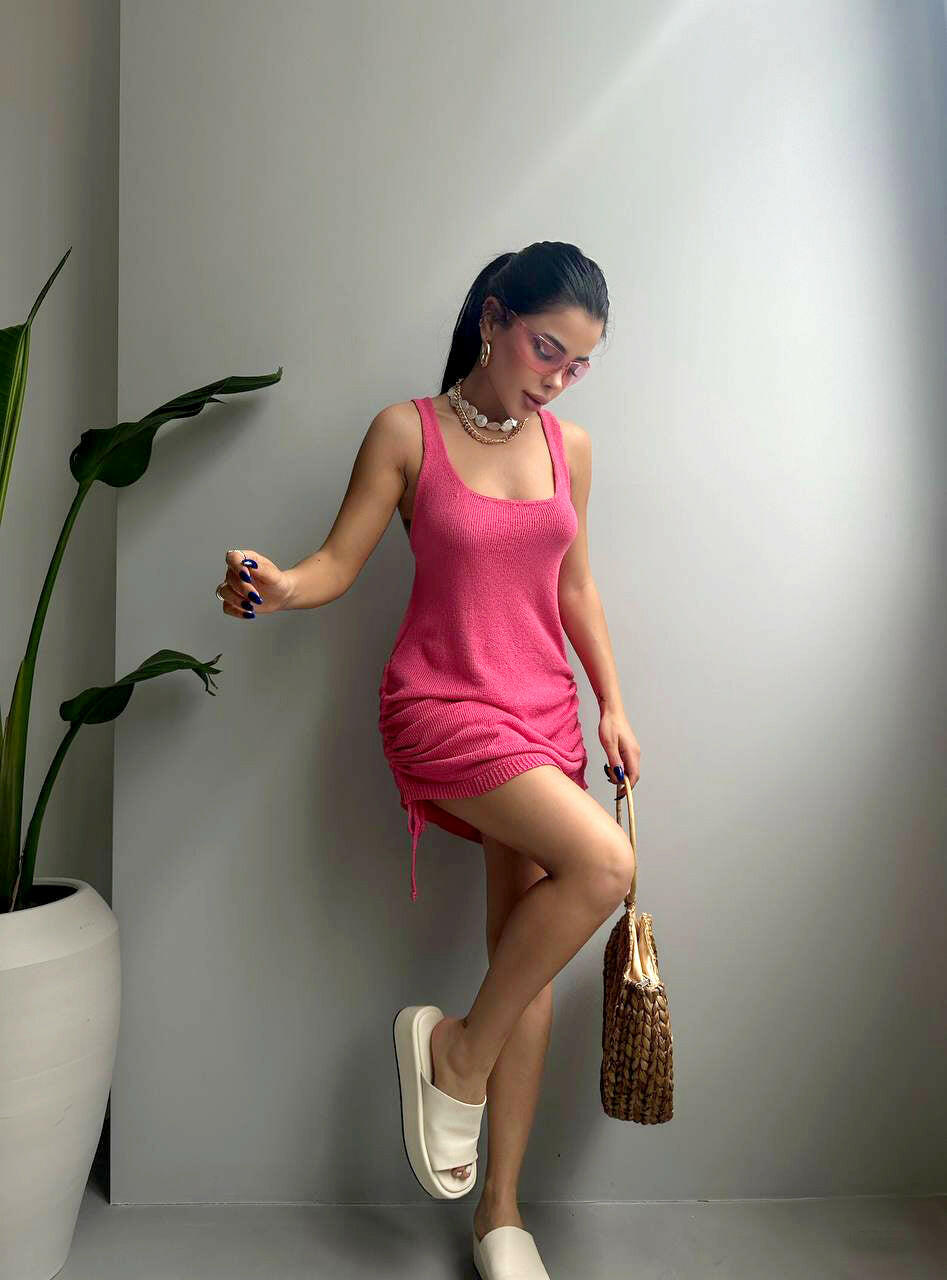 Casual U Neck Backless Dress in Pink Color - Noxlook