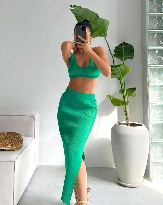 Crop Top and Slit Skirt Green - Noxlook