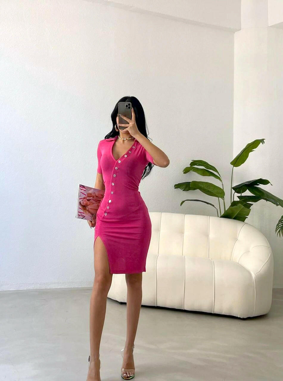 Asymmetrical Slit Dress Pink Color - Noxlook