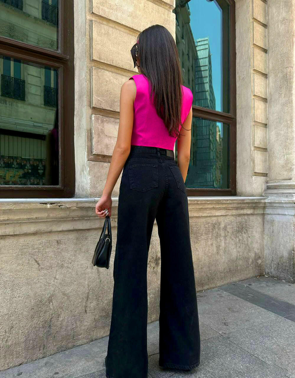 High-Waisted Palazzo Jeans in Black - Noxlook.