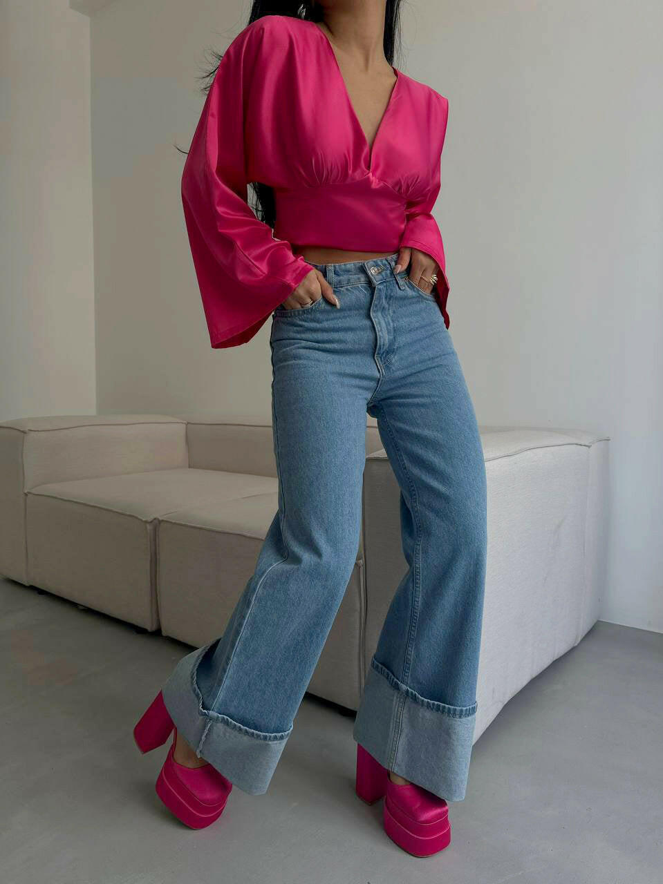 Batwing Sleeve Lace-Up Crop Blouse in Fuchsia - Noxlook