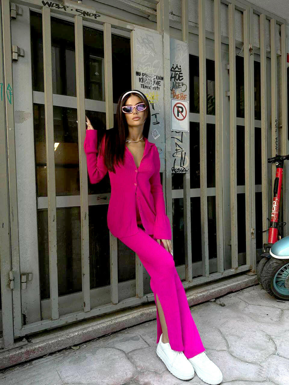 Polo Collar Cuffed Sleeve Blouse and Pants Set in Fuchsia - Noxlook