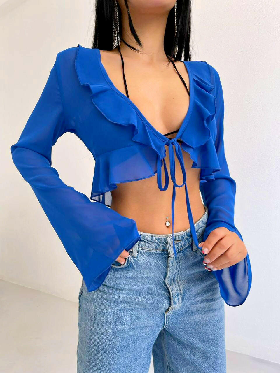 V Neck Long Sleeve Ruffle Tie Up Chiffon Blouse in Blue - Noxlook