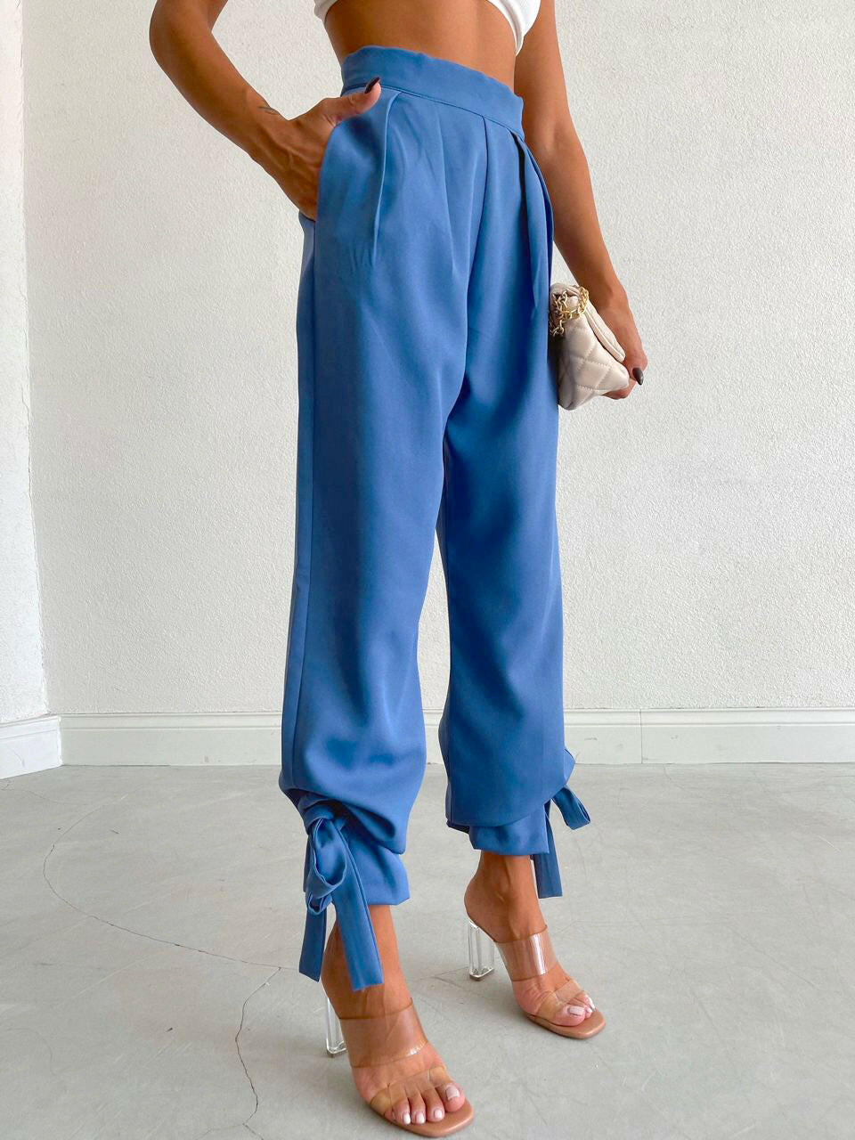 Ankle Tie High Waisted Trousers in Saxe Blue - Noxlook