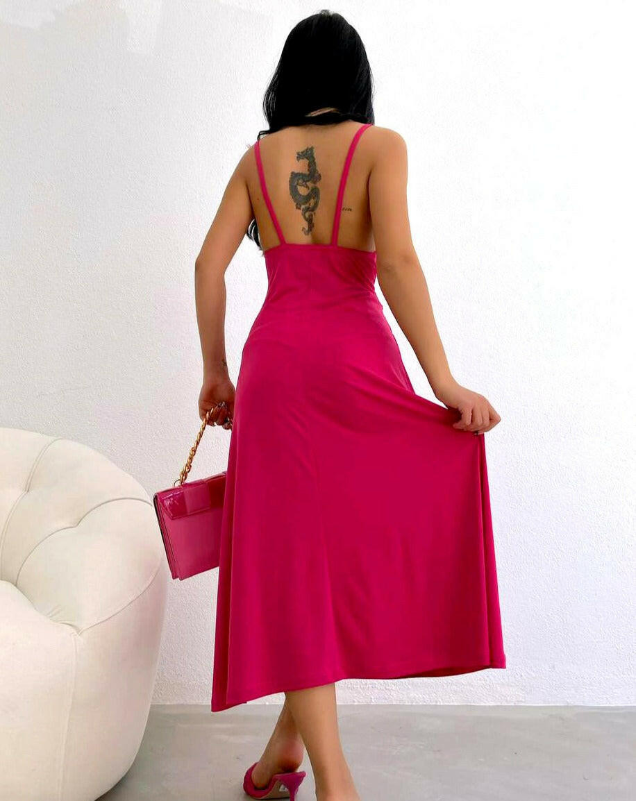 Gathered Front Midi Dress (with Strap) in Pink Color - Noxlook