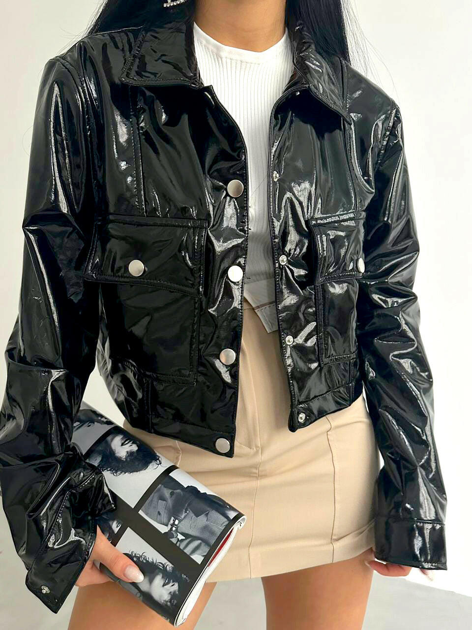 Shiny Leather Crop Jacket in Black - Noxlook