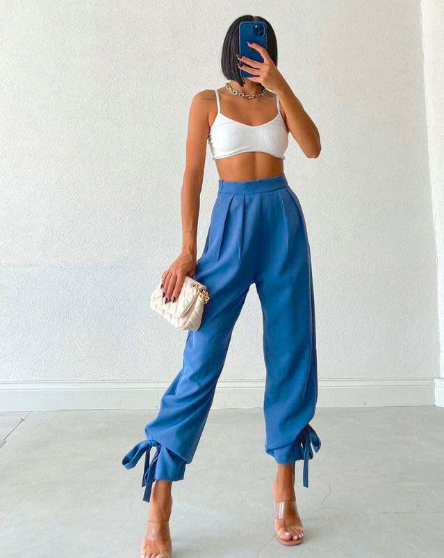 Ankle Tie High Waisted Trousers in Saxe Blue - Noxlook.
