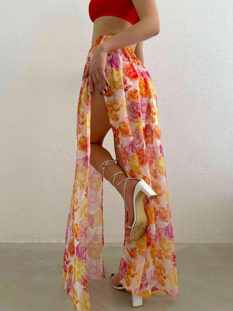 Both Side Slit Colorful Pareo in Orange-White - Noxlook