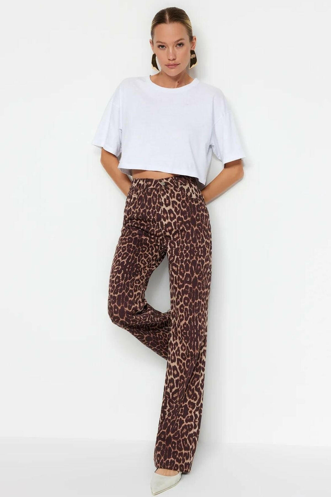 Leopard Print High-Waisted Wide Leg Jeans- Noxlook