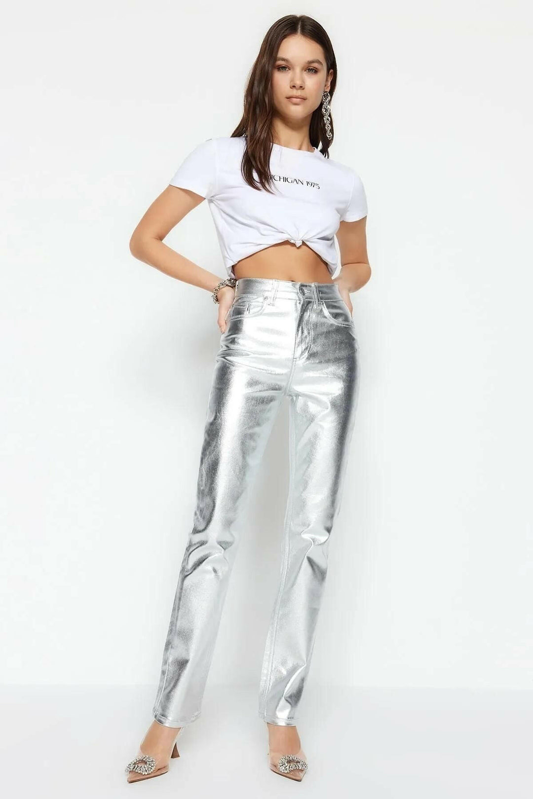 Silver Shiny Metallic Print High-Waisted Straight Jeans- Noxlook