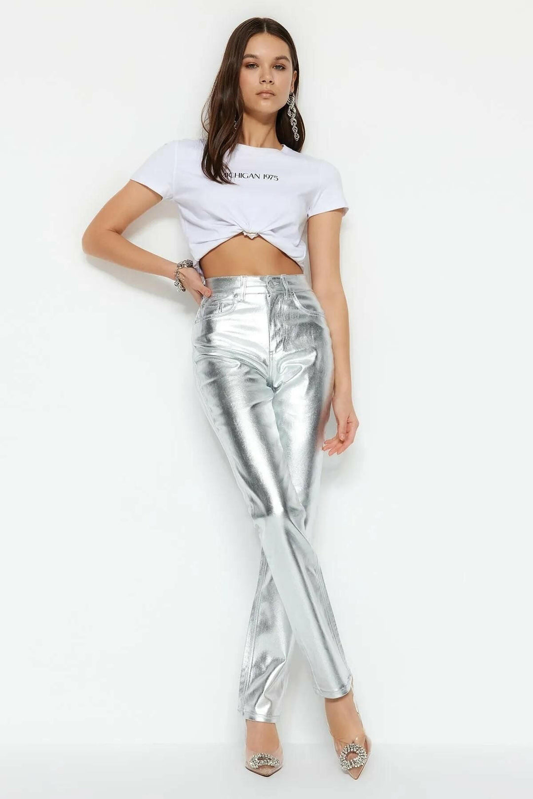 Silver Shiny Metallic Print High-Waisted Straight Jeans- Noxlook