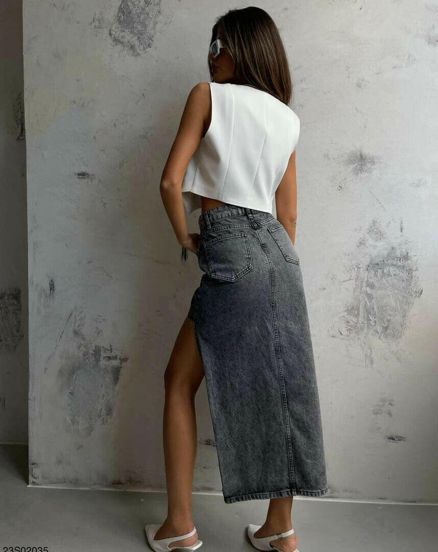 Asymmetric Denim Slit Skirt Black Color - Noxlook.